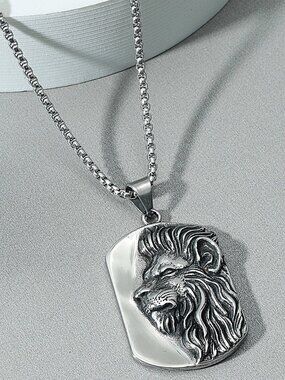 3/$35 NWT Silver Lion Dog Tag Pendant Necklace Stainless Steel Punk Gothic Men's
